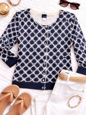 Navy & White Patterned Cardigan – Size L